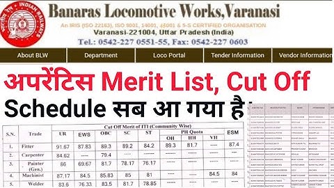 Railway Apprentice Merit List|| BLW Apprentice Cut Off || BLW Schedule|| BLW Apprentice Result