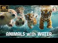 Cute animals playing in water 4k60fps   relax with jazz music  stream forest sound