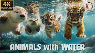 CUTE ANIMALS Playing in Water 4K(60FPS) |  Relax with JAZZ MUSIC  STREAM FOREST Sound