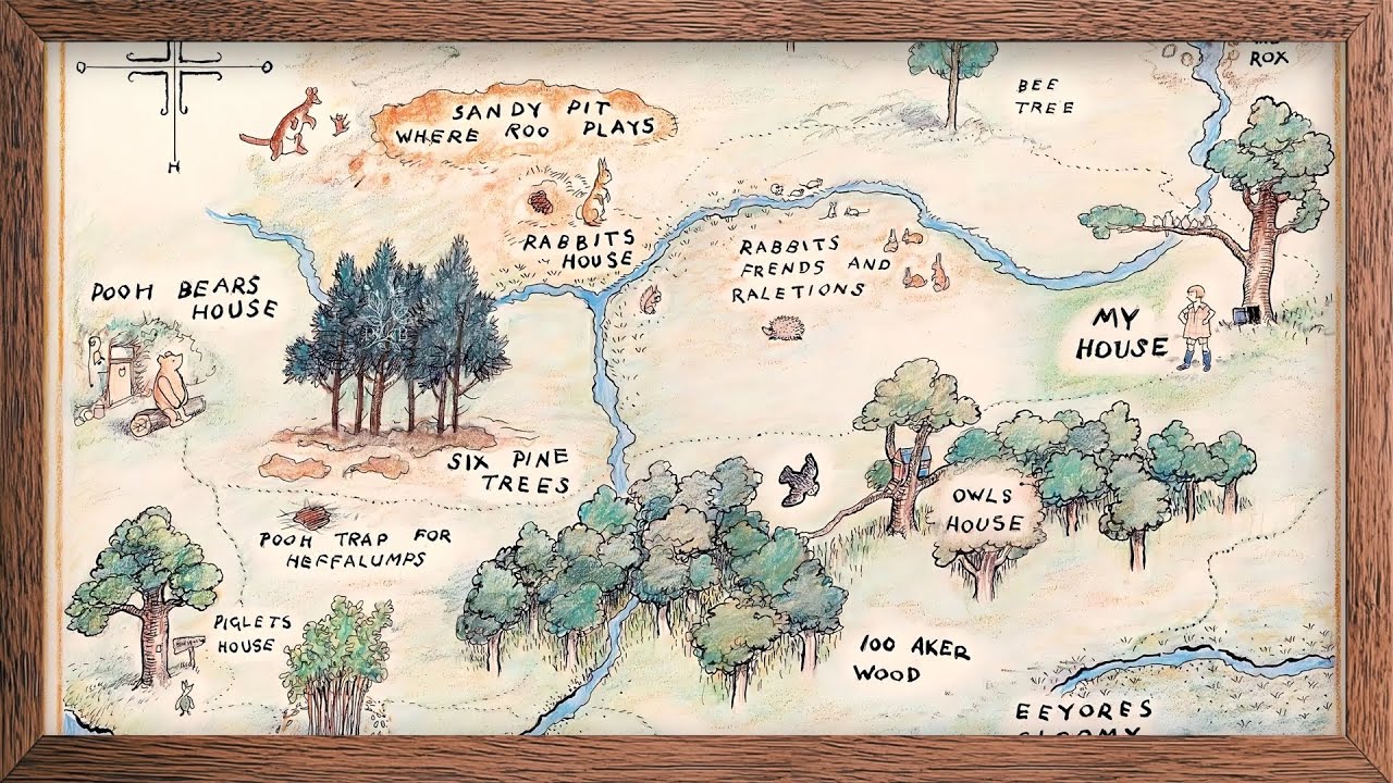 Wanderings in the 100 Acre Wood | Vintage Pooh Map Gold Frame TV Art with Gentle Piano in 4K HD