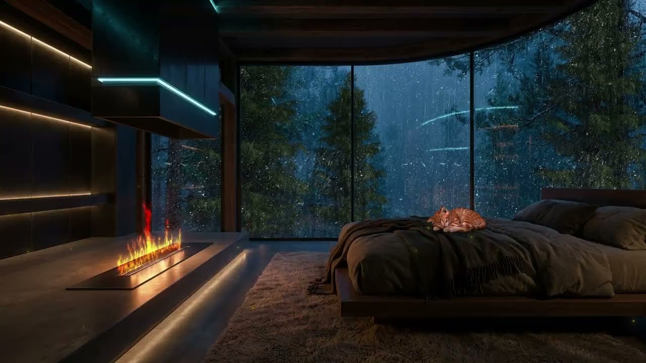 🌧️ Peaceful Rainy Night in a Modern Glass Cabin 🔥 Fireplace Crackling & Heavy Rain for Sleep