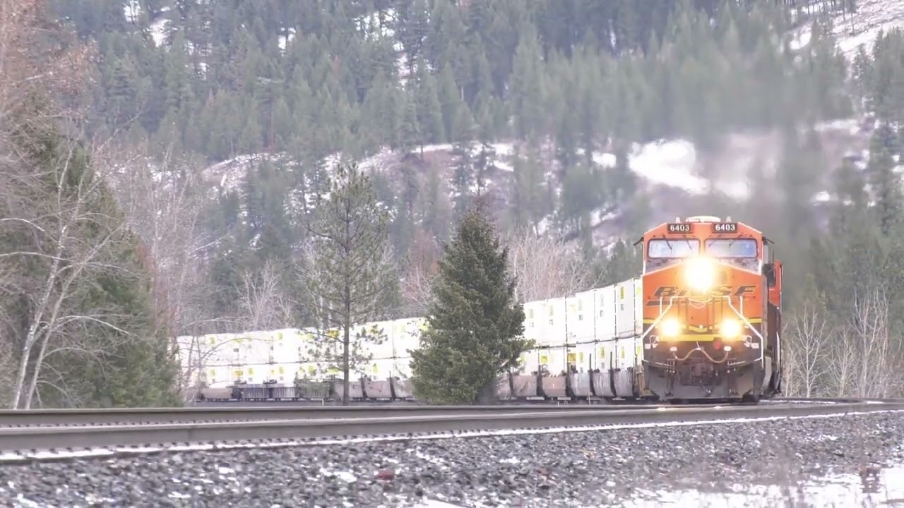 (4K)  Double Stack Trains on BNSF's Kootenai River Subdivision.