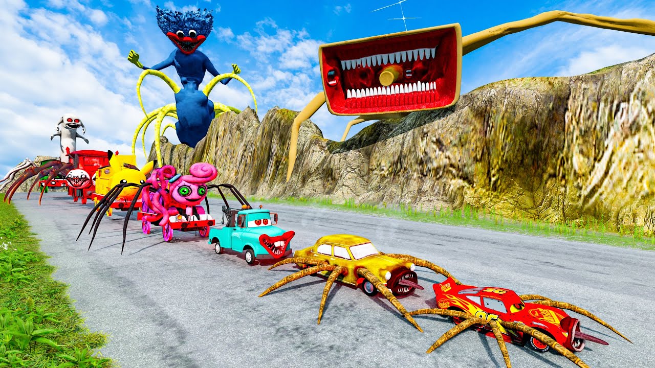 ALL MONSTERS Big & Small Cars vs Downhill Madness with HUGGY & MEGAHORN