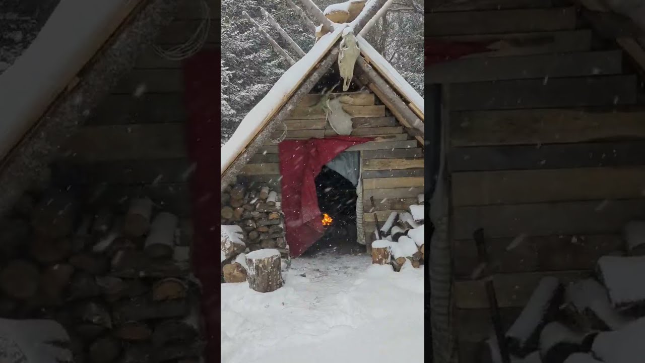 Cozy Fire During Winter Storm In My Bushcraft Shelter