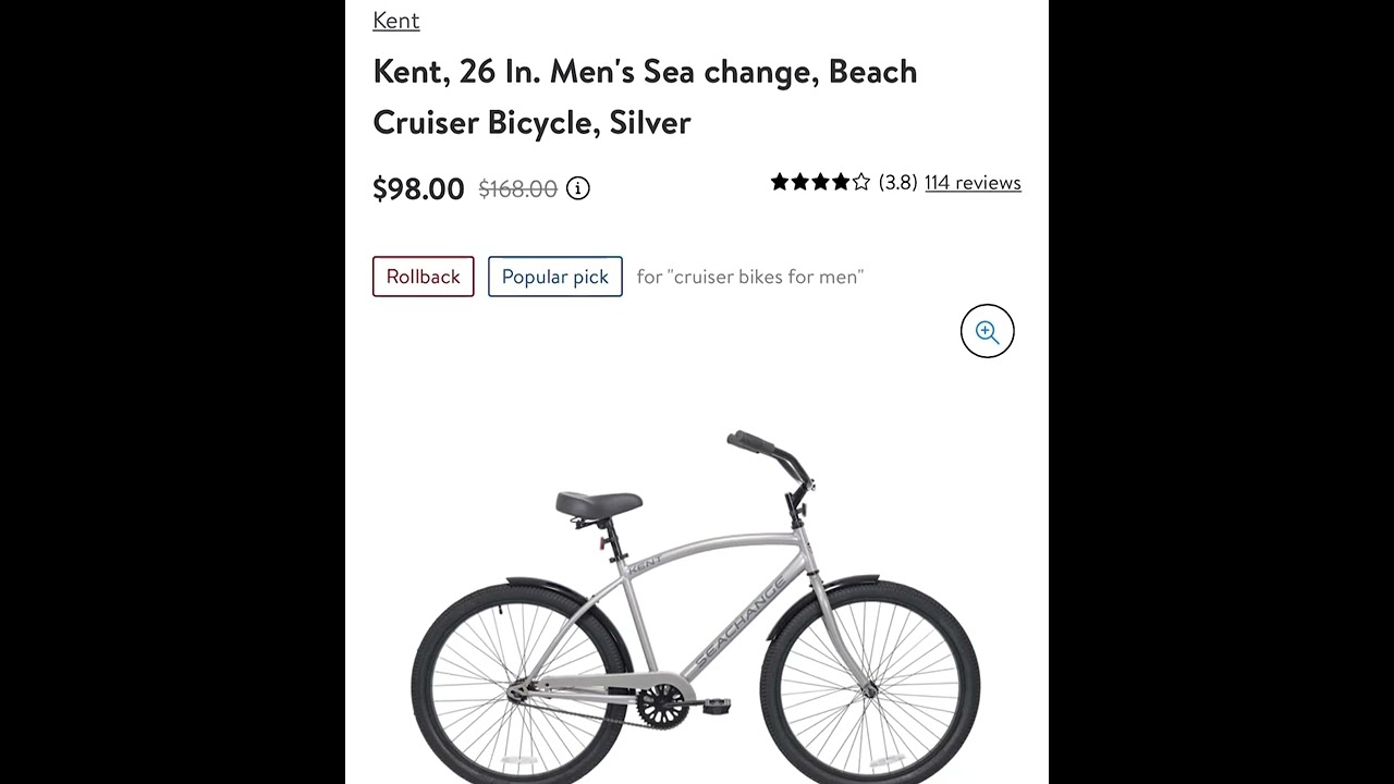 $98 was $168 Kent, 26 In. Men's Sea change, Beach Cruiser Bicycle, Silver