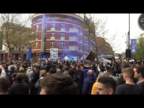 Chelsea Fans Protest The European Super League Outside Stamford Bridge