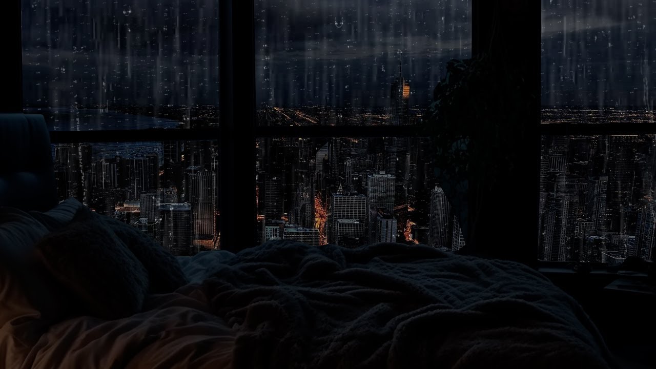 Mikil Rigning Og þruma á Nóttunni Með Róandi Tónlistarherbergi