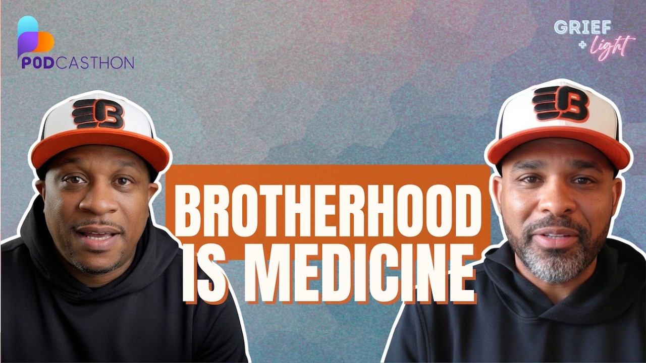 Two men with joyful look on their face, arms over shoulder, cheering. Episode cover with Broreavement name, and Podcasthon and Grief and Light logos over geometric abstract background.