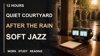 Quiet Courtyard Writing Desk After Rain | 12 Hours of Soft Jazz with Robot VU Meter screenshot 5