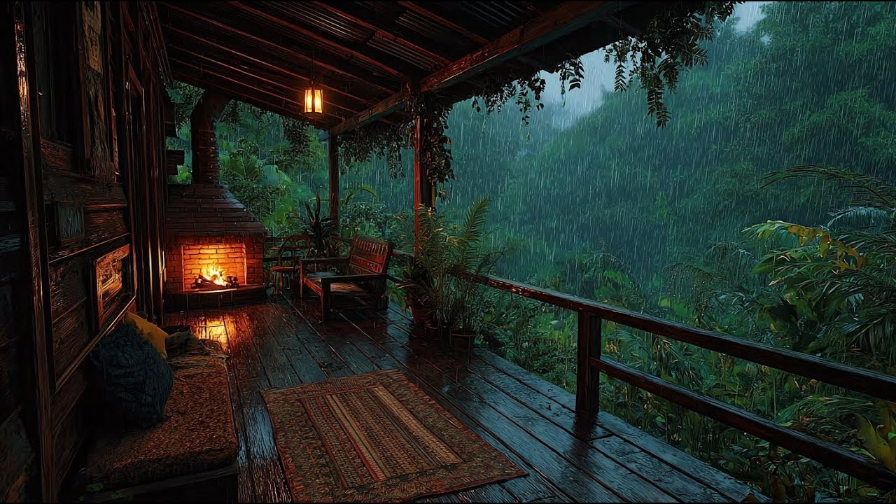 Rainy Forest Cabin Porch 🌧🔥 Cozy Fireplace & Heavy Rain Ambience for ...