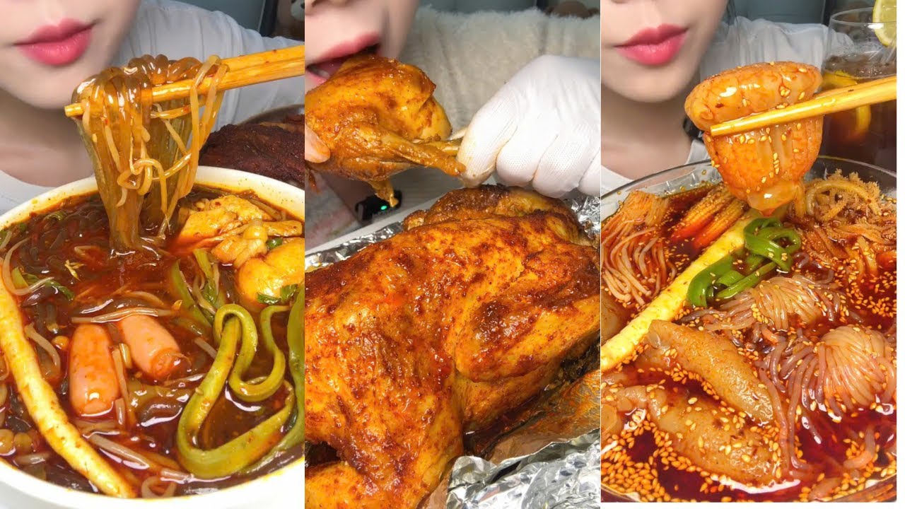Saucy Whole Grilled Chicken, Spicy Noodles & Mushrooms Mukbang ASMR