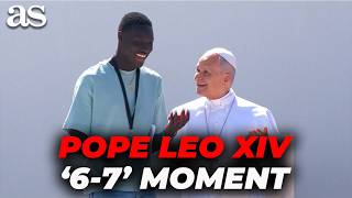 POPE LEO XIV goes viral after sharing '6-7' gesture with migrant in TENERIFE Pope Leo 7
