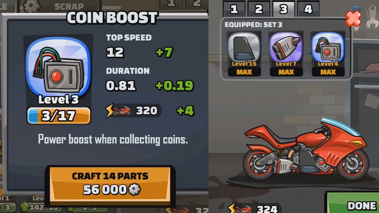 HILL CLIMB RACING 2 Scraping and Upgrading Coin Boost to Max Level