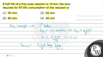 If half life of a first order reaction is \( 10 \mathrm{~min} \), the time required for \( 87.5 ...