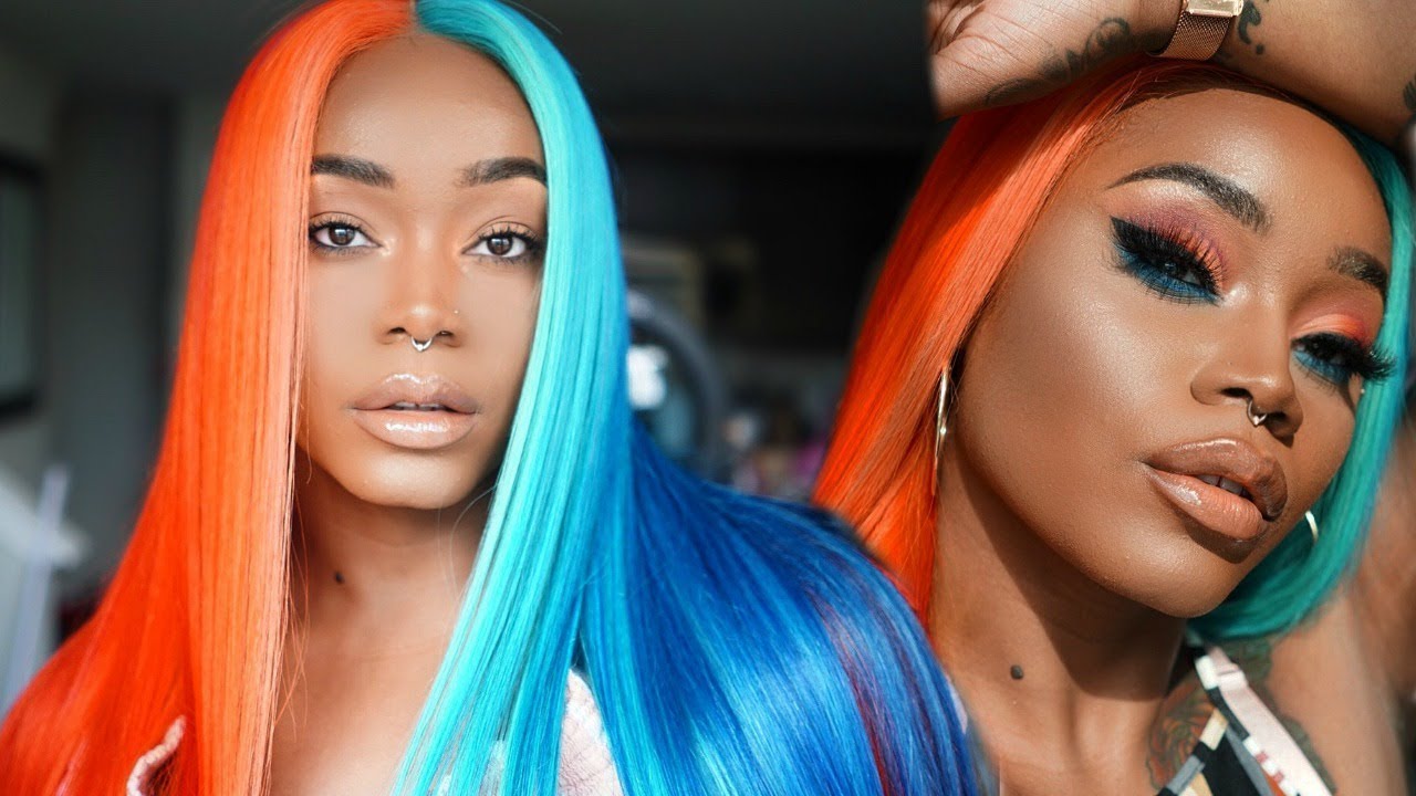 Hair n' Makeup Fire 🔥 and Ice ❄ Split Dye Orange and Blue Makeup Look...