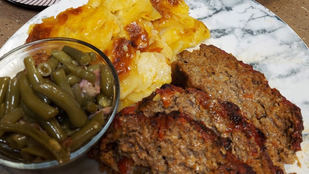 Part 1 meatloaf/Augratin Potatoes/greenbeans/cornbread/Banana pie/ ginger ale 