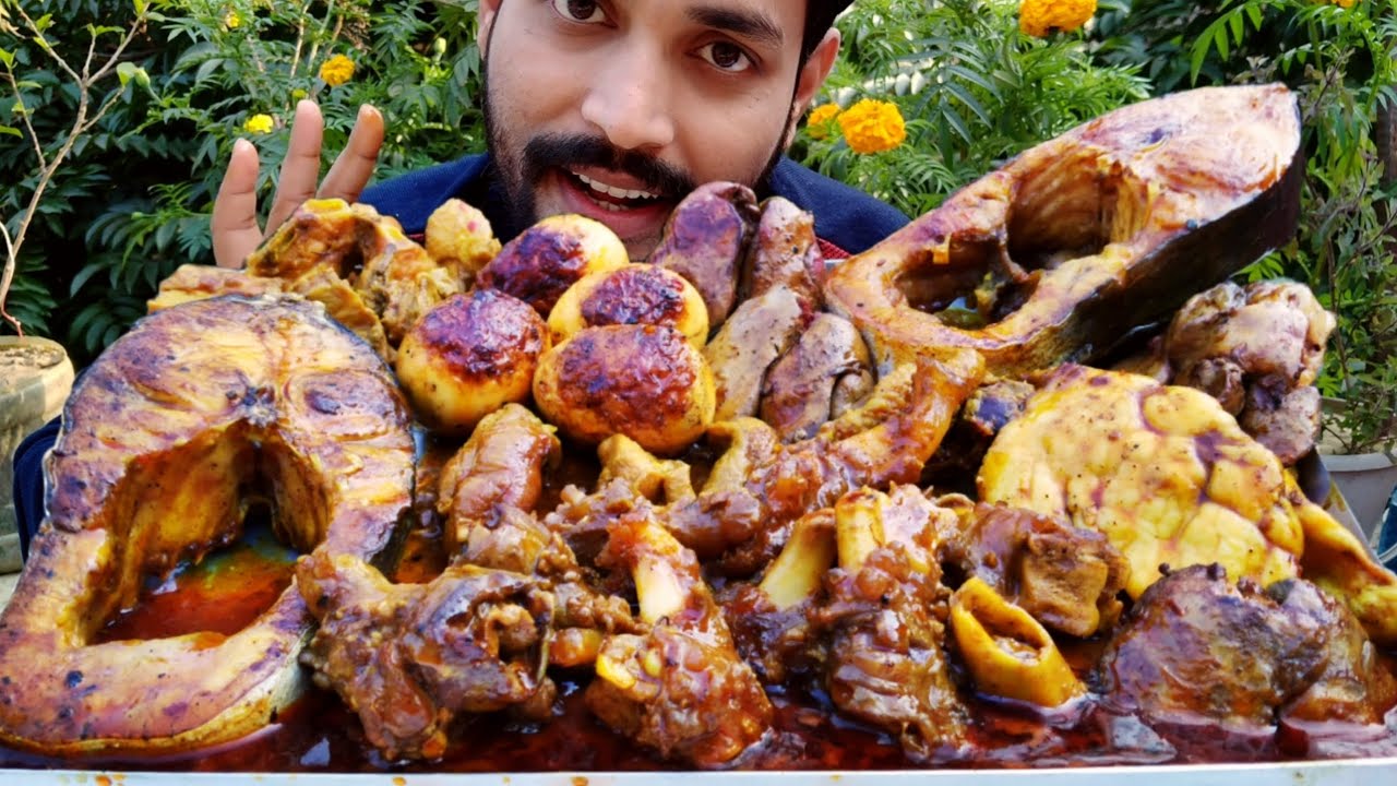 All Spicy 🥵 Meat Eating 😱 Mutton Curry, Big Fish, Chicken & Liver Curry, Mutton Fat & Egg Curry Ruti