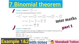 Inter 1st year chapter 7💁| Binomial theorem |🤷Example 1&2| part 1|with notes| CBSE |NCERT|