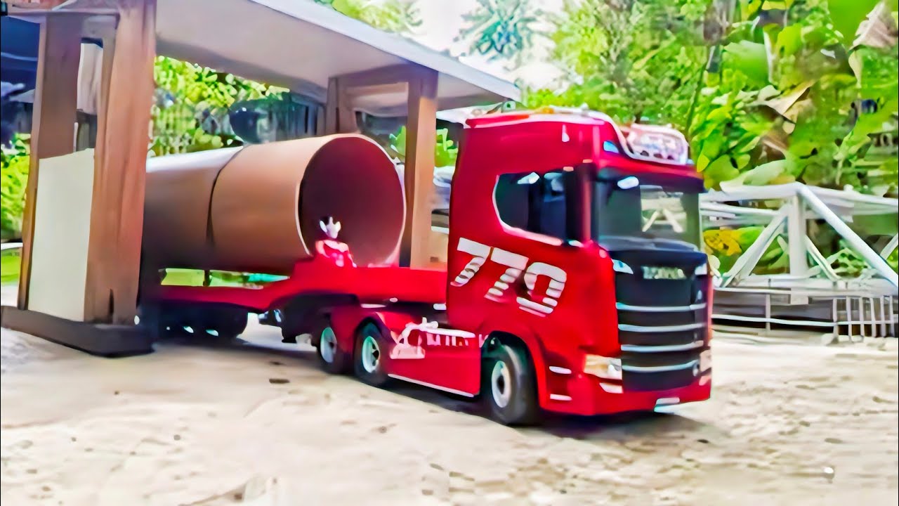Simulasi aksi #72 Rc truk Scania 770s Rc excavator Rc truk hino 500 pengiriman gorong-gorong PVC