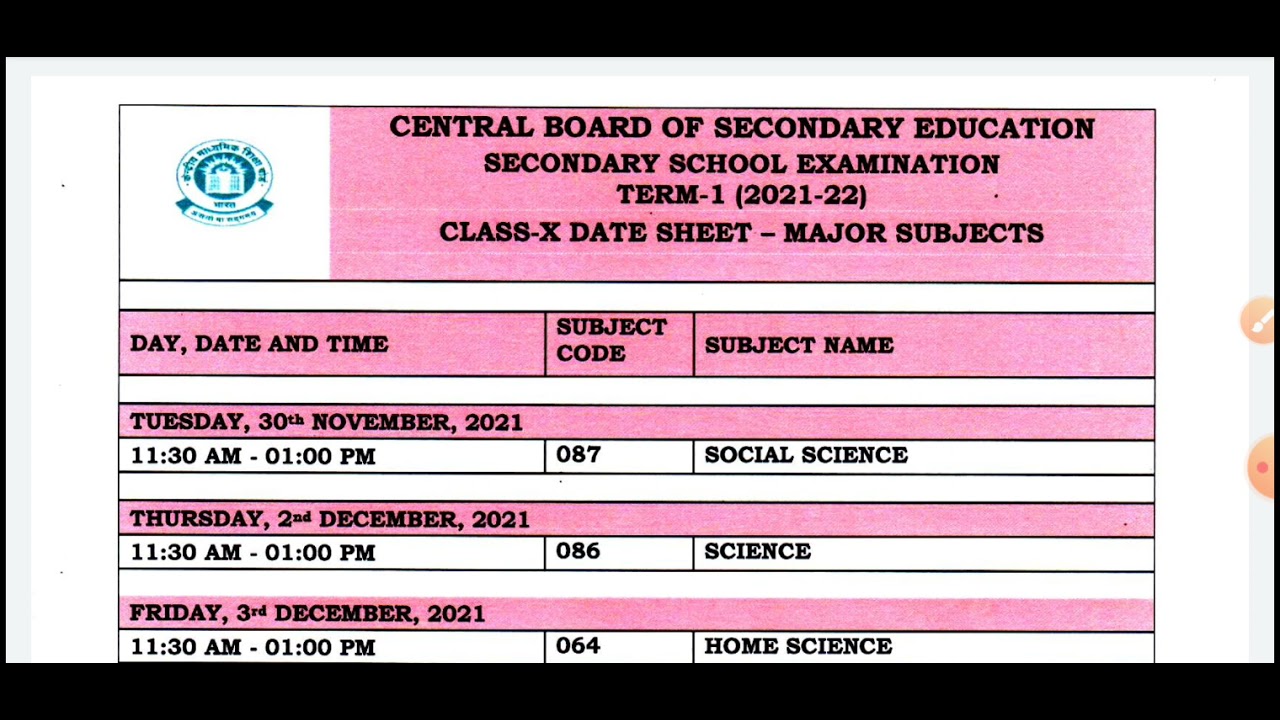 class 10 th // CBSE // TERM-1 EXAM DATESHEET // 2021-22