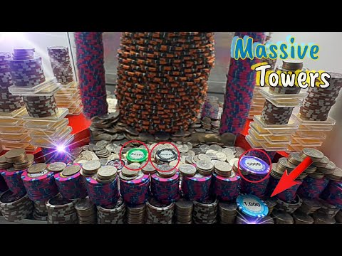 Massive Towers Blocked with a Wall of poker Chips High Limit Coin Pusher