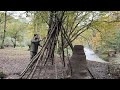 Survival skills  building a warm shelter with small axe autumn bushcraftfountainfireplacepart1