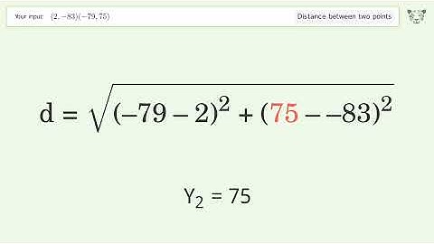 Find the distance between two points p1 (2,-83) and p2 (-79,75): Step-by-Step Video Solution
