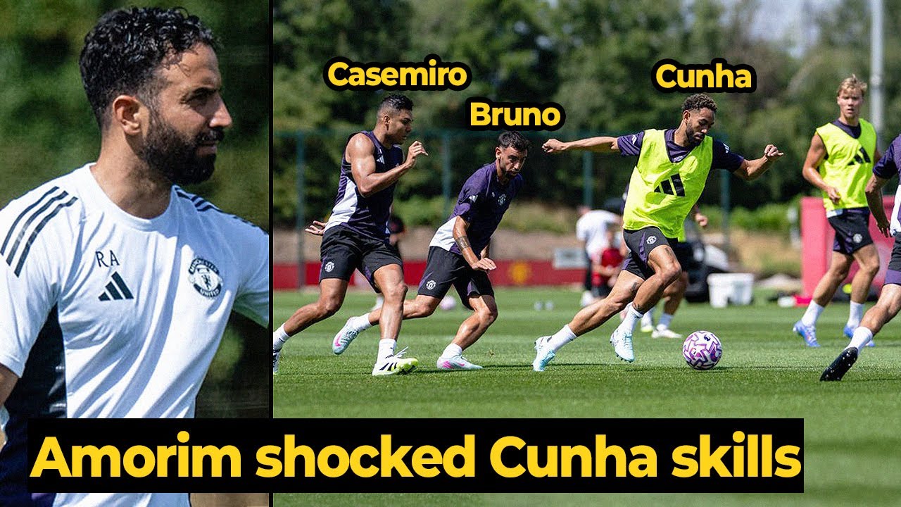 Amorim shocked as Cunha trolls Bruno, Casemiro & Mazraoui on day two training at Carrington - YouTube