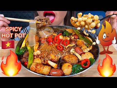 EATING SPICY HOT POT, SWEET POTATO NOODLES,FISHBALL,SAUSAGE,BACON,SURIMI,ENOKI & CRAB MUSHROOMS ASMR