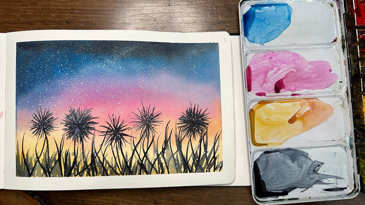 Watercolor Journal Day 26 (Colorful Sky with silhouettes)