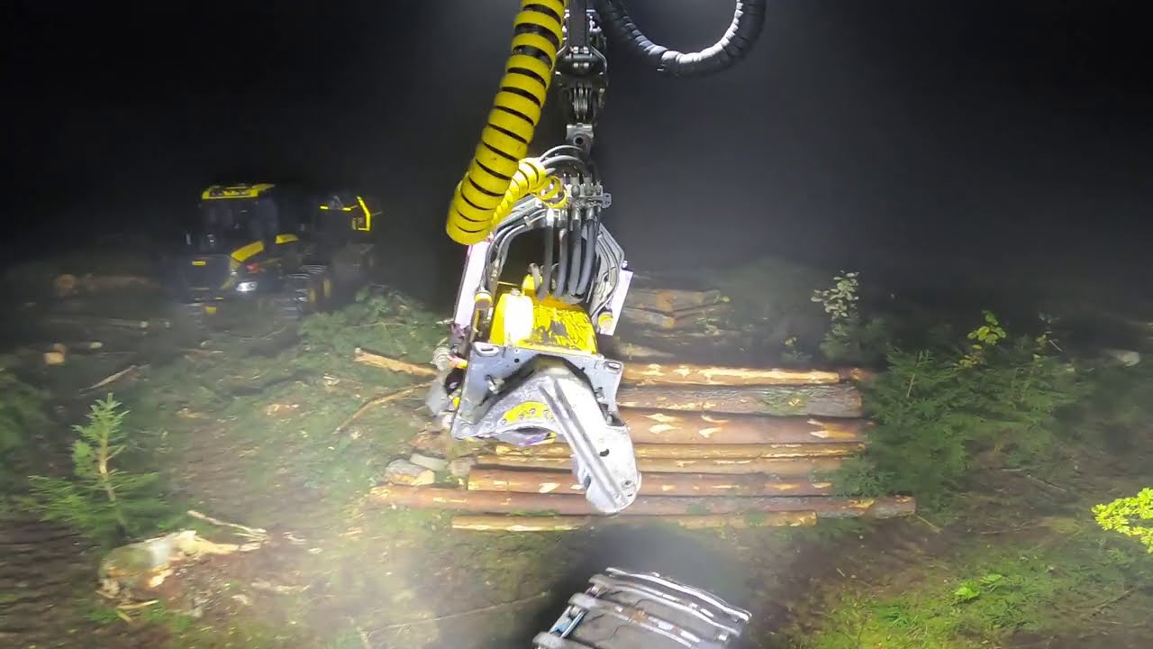 Puista avohakkuun tekoa pimeällä sumuisena aamuna. Ponsse Scorpion King H7.