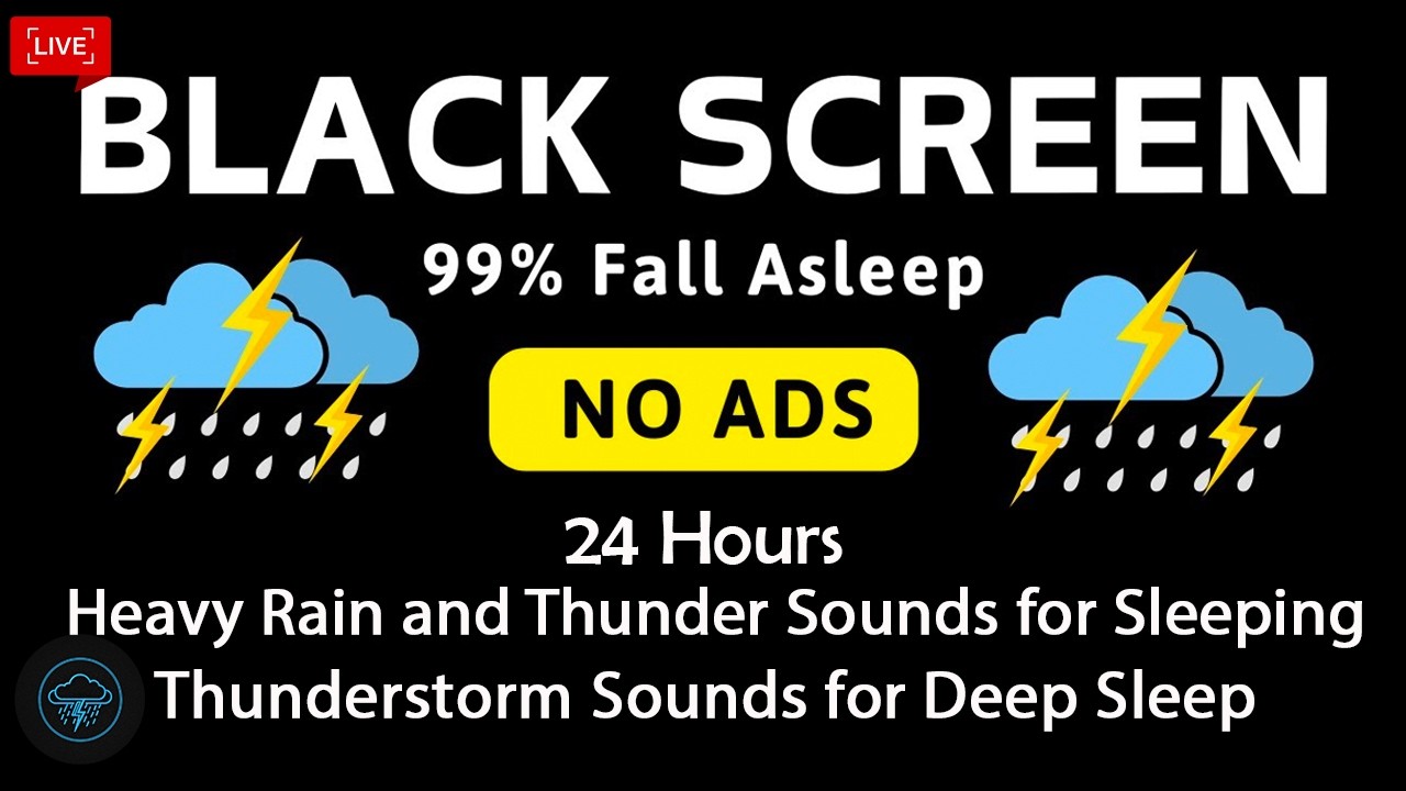🔴 Звуки сильного дождя и грома для сна - Черный экран | Мощный поток звуков ночной грозы