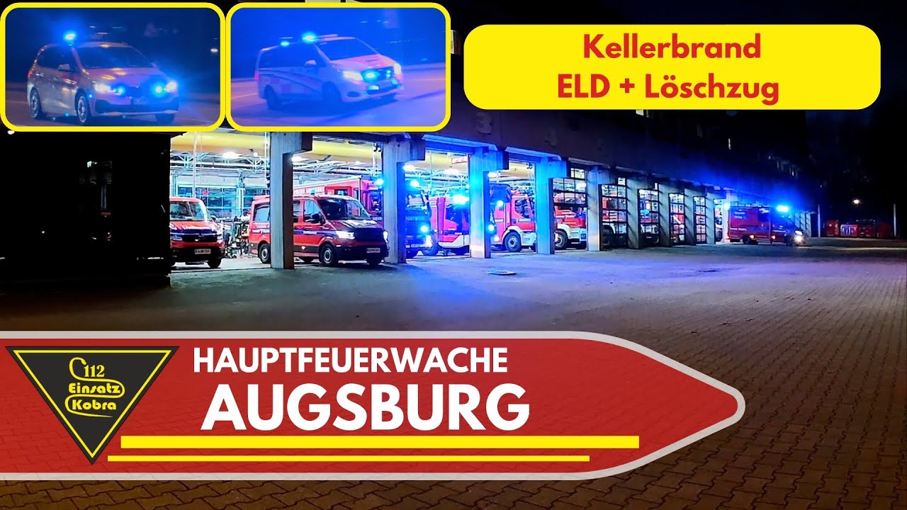 Einsatzfahrt Berufsfeuerwehr Augsburg - ELD + Löschzug - Kellerbrand - Voralarm Gong Durchsage