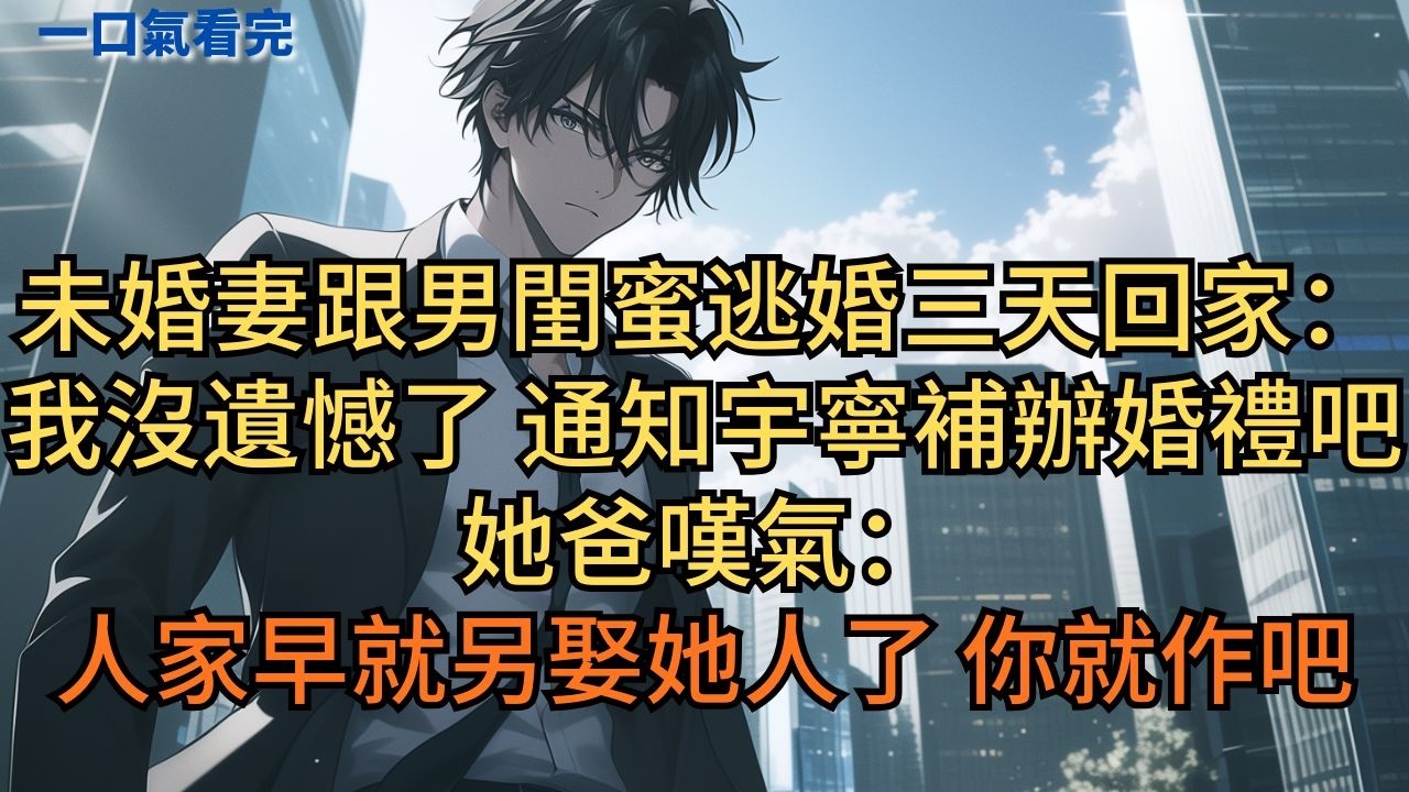 未婚妻跟男閨蜜逃婚三天回家：「我已經沒有遺憾了，通知宇寧補辦婚禮吧。」她爸嘆氣：「人家早就另娶她人了，你就作吧！」 #小说 #爽文