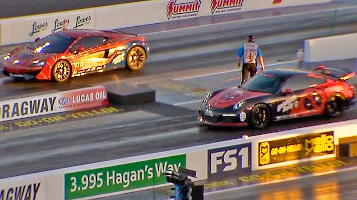 McLaren 570S Spiderman vs Porsche GT3 Deadpool 1/4 Mile Drag Racing during the GoldRush Rally