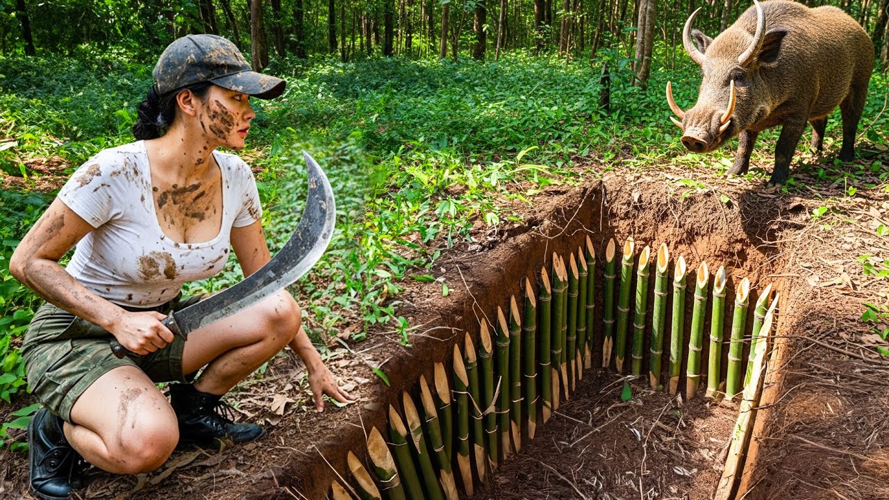 Bamboo Spike Pit Trap in the Jungle – How a Survival Girl Outsmarts and Catches a Wild Boar