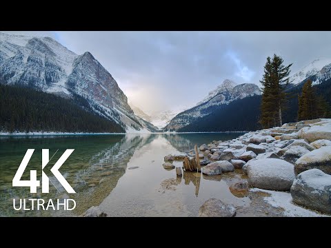 8HRS of Relaxing Lake Waves and Wind Sounds – 4K Peaceful Serenity of Winter Lake Louise, Canada