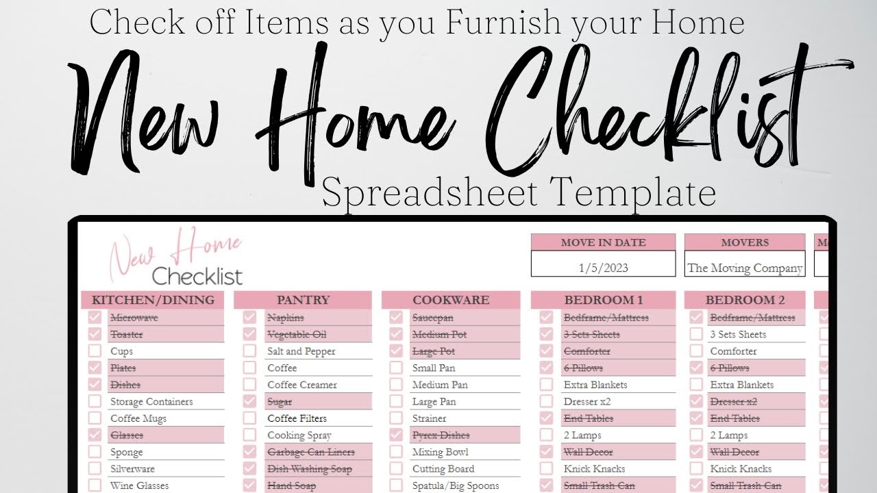 New Home Essentials Checklist Template Excel Spreadsheet, Google Sheets