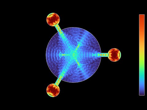 Using three sources to excite resonant modes in a circle
Like the video https://youtu.be/HawUSO5QYl4 , this one shows waves in a circular cavity excited by pulsing sources in other, connected cavities. The difference is that here, there are three smaller cavities instead of six.
This video has two parts, showing the same evolution with two different color gradients:
Wave height: 0:00
Averaged wave energy: 1:30
In the first part, the color hue depends on the height of the wave. In the second part, it depends on the energy of the wave, slightly averaged over a sliding time window.
Render time: 16 minutes 44 seconds
Compression: crf 23
Color scheme: Part 1 - Viridis by Nathaniel J. Smith, Stefan van der Walt and Eric Firinghttps://github.com/BIDS/colormap
Part 2 - Turbo, by Anton Mikhailov
https://gist.github.com/mikhailov-work/6a308c20e494d9e0ccc29036b28faa7a
Music: Mantis by Quincas Moreira@QuincasMoreira
See also
https://images.math.cnrs.fr/des-ondes-dans-mon-billard-partie-i/ for more explanations (in French) on a few previous simulations of wave equations.
The simulation solves the wave equation by discretization. The algorithm is adapted from the paper https://hplgit.github.io/fdm-book/doc/pub/wave/pdf/wave-4print.pdf
C code: https://github.com/nilsberglund-orleans/YouTube-simulations
https://www.idpoisson.fr/berglund/software.html
Many thanks to Marco Mancini and Julian Kauth for helping me to accelerate my code!
#wave #resonator Using three sources to excite resonant modes in a circle