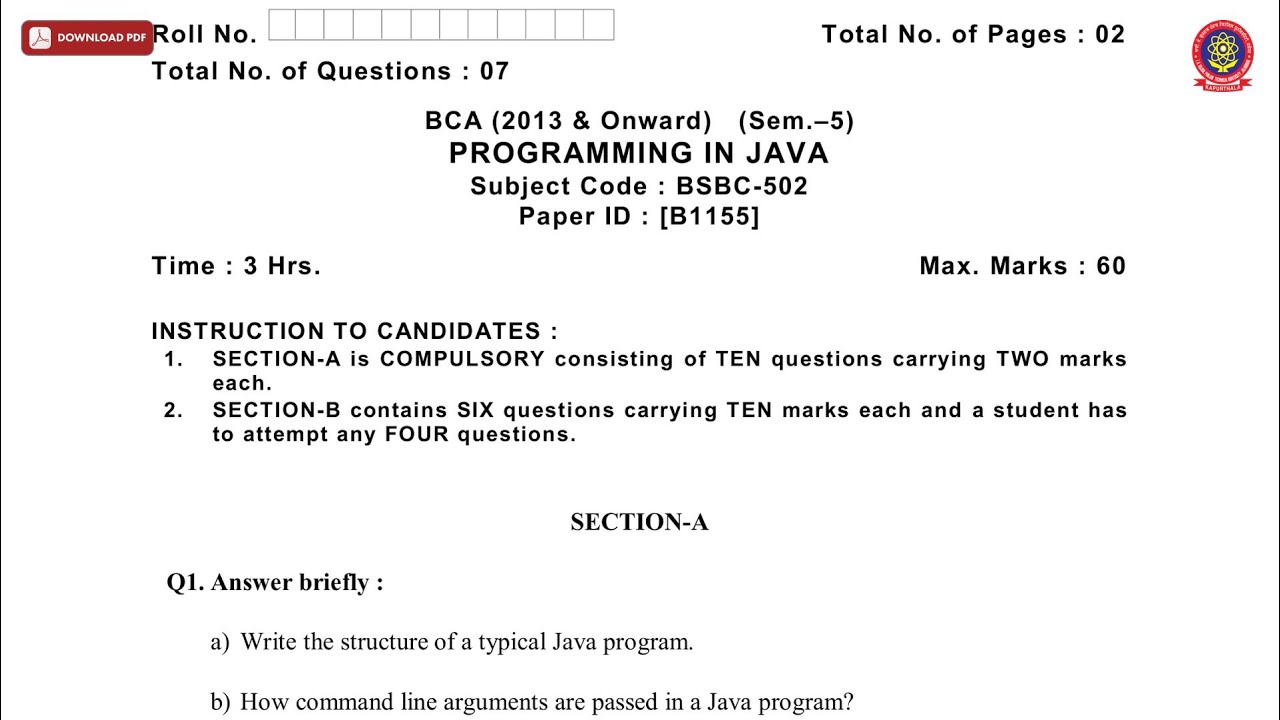 BCA 5TH SEM PROGRAMMING IN JAVA B DEC 2018 | PTU - YouTube