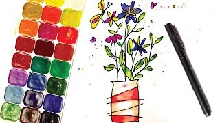 How to draw flowers watercolor art tutorial step by step easy \/ drawing and colouring for kids