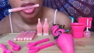 ASMR | Pink Food 💞🌸 Chocolate Spoons + Strawberries🍓 Nik-L-Nips Wax bottles & Plunger Candy