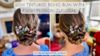 Securing Fresh Flowers in Gorgeous Low Textured Boho Bun Bridal Hairstyle Tutorial!