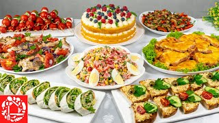 Birthday MENU. I cook 8 dishes. FEAST TABLE: Cake, Salad, Appetizers