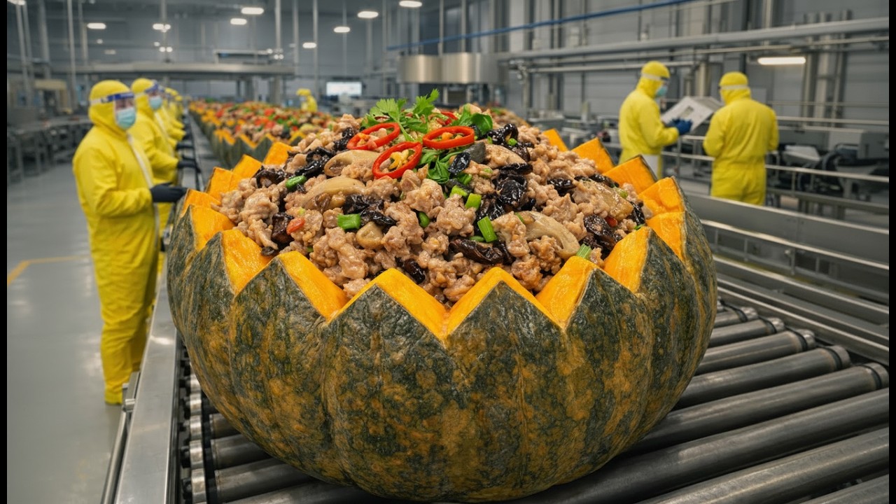 Bên Trong Xưởng Nấu Thịt Heo Chưng Bí Đỏ – Sản Xuất Hàng Loạt Mỗi Ngày