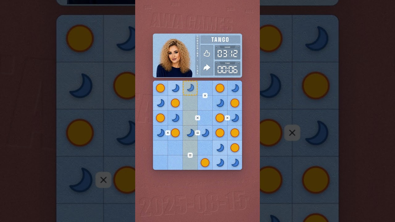 LinkedIn Tango #312 solved board for August 15, 2025, 6x6 grid