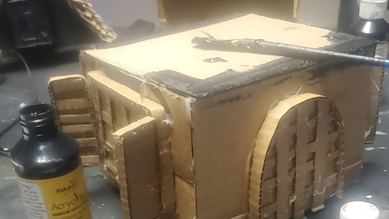Bottom base paint job for cardboard crooked medieval clock and bell tower from scratch