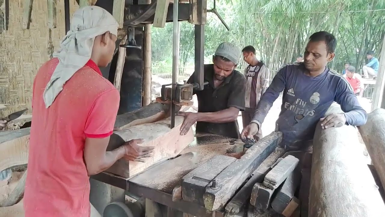 Experience the Power  Rustic Wood Cutting Machine Sounds and Satisfying Slices in the Village