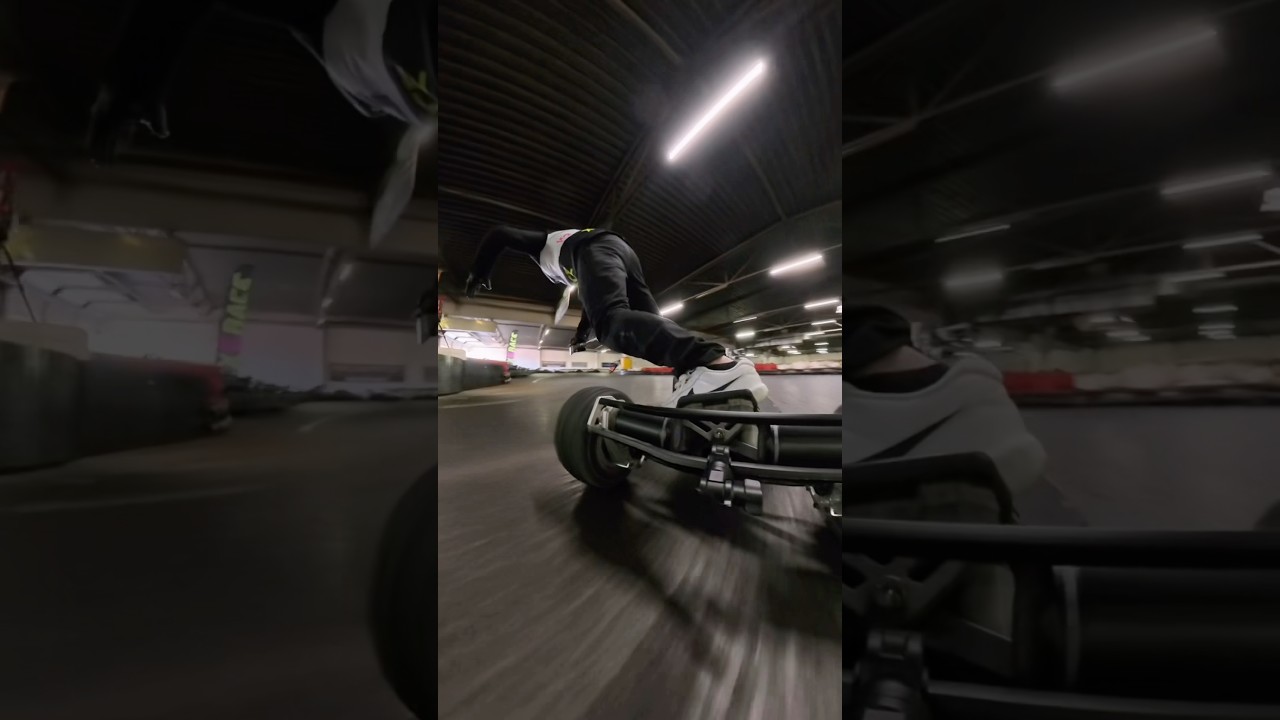 Vista POV a 360 gradi di un rider di skateboard elettrico sulla pista della gara xErace di Salisburgo, anteprima del video