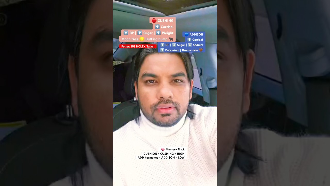 Синдром Кушинга и синдром Аддисона — не путайте это снова на экзамене NCLEX! 🧠✨Запомните: синдром...